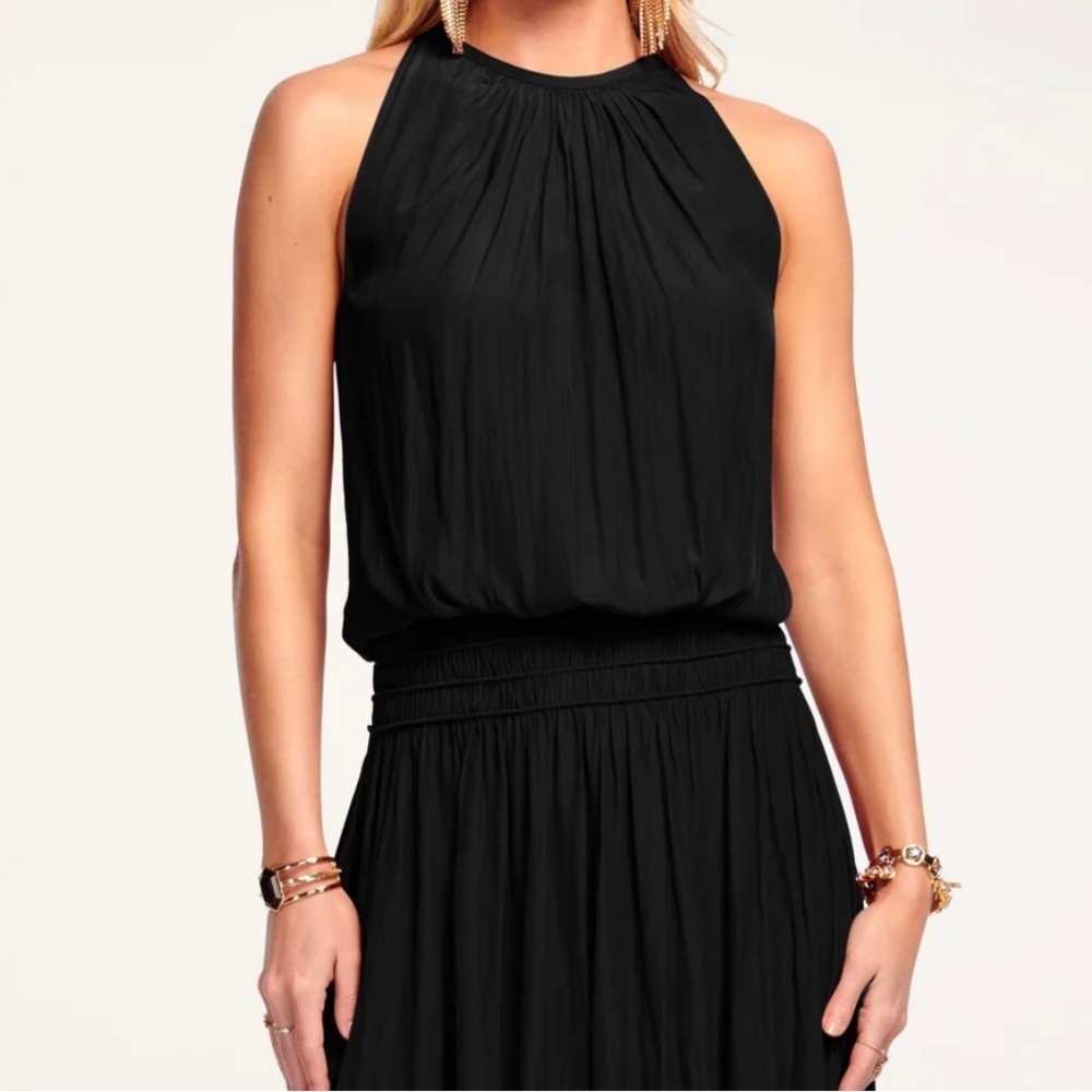 Ramy Brook Audrey Black Smocked Waist Crepe de Chine Midi Dress-Size P/US Small - Picture 14 of 15